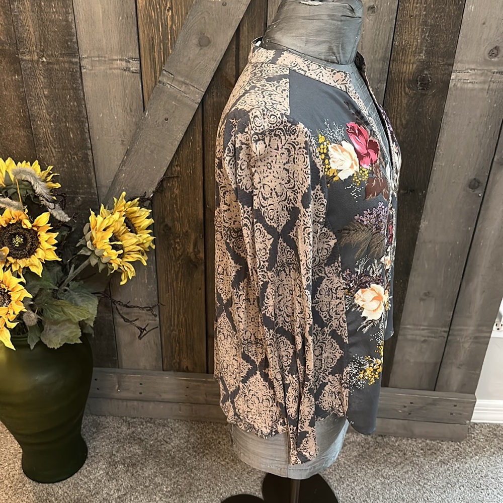 Anthropologie Gray Floral Wrap-Style Blouse with Cream, Red, Yellow Accents - Picture 4 of 9